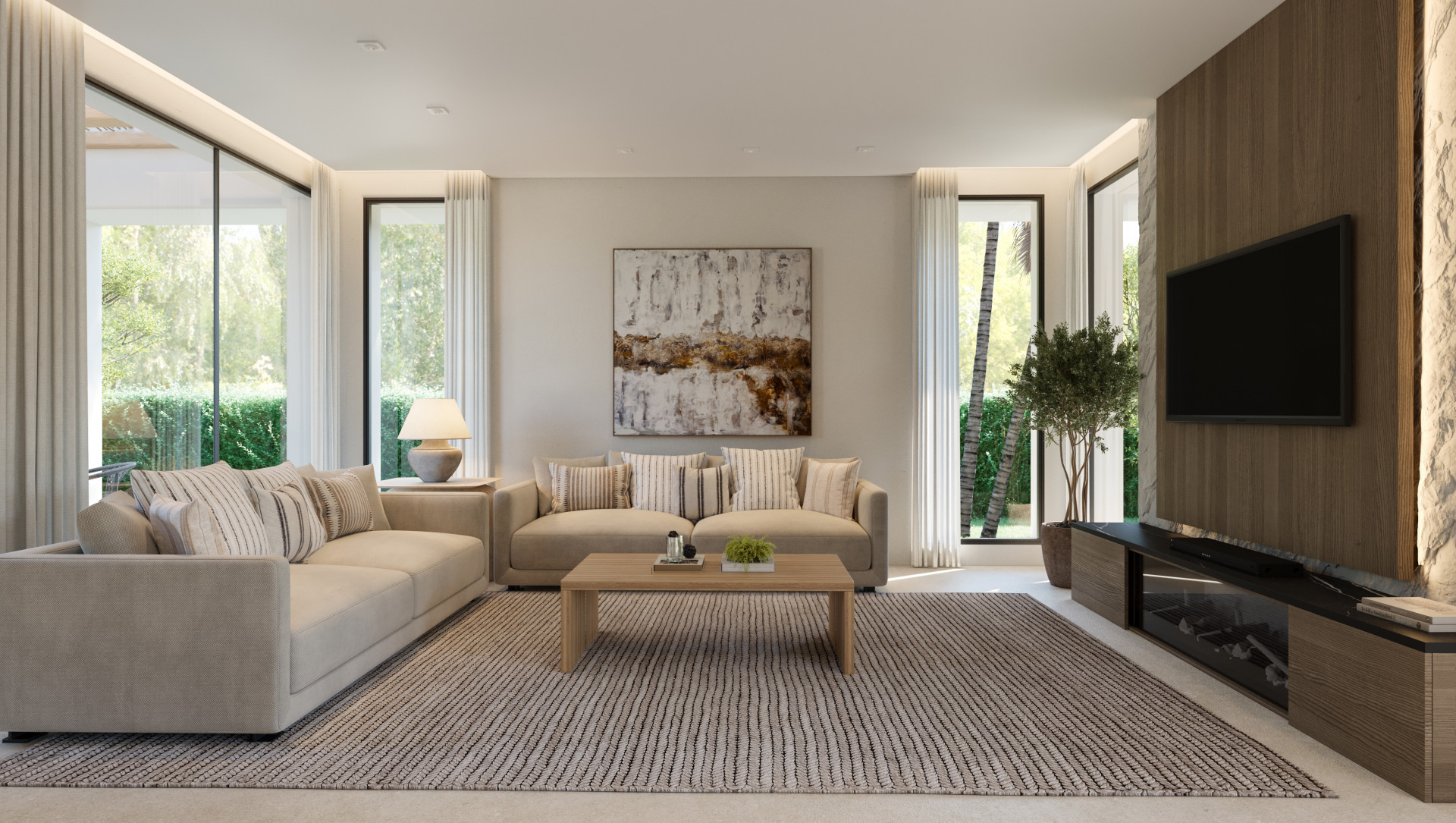 Spacious living room featuring two beige sofas, a wooden coffee table, and a textured rug. Large windows offer views of lush greenery, complemented by a wood-paneled TV wall with a modern fireplace.