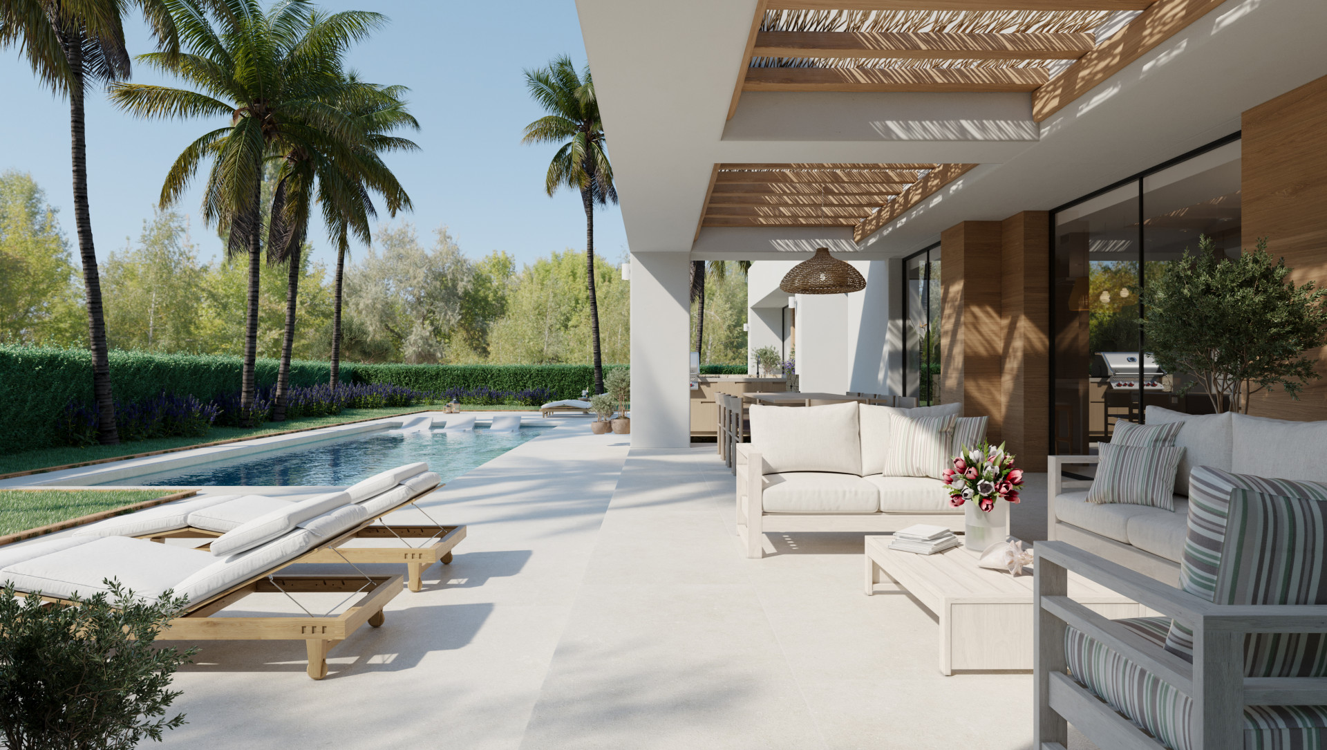 Spacious outdoor terrace features a private pool with sun loungers, an elegant seating area under a slatted pergola, and lush palm trees.