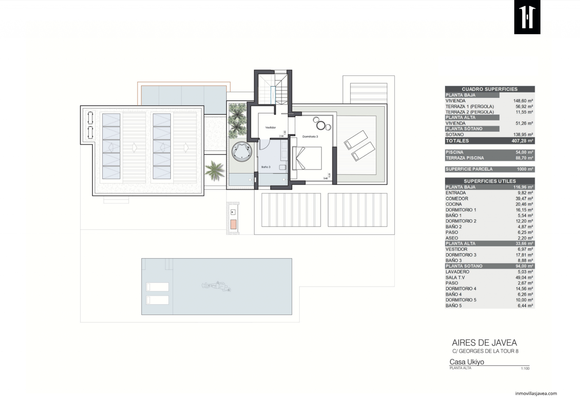 Upper floor featuring a master bedroom, walk-in closet, en-suite bathroom, and direct access to a terrace with an outdoor jacuzzi.