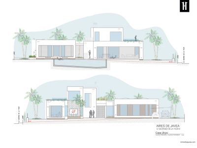 Architectural plan showcasing the modern villa's sleek design, featuring large glazed openings, integrated private pool, and minimalist facades with natural stone accents.