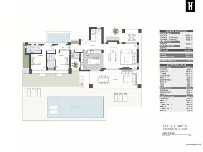 Detailed floor plan of the villa's ground floor, showing living areas, open kitchen, two bedrooms, two bathrooms, and outdoor spaces with a private pool and terraces.