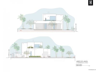 Lateral elevations of a modern villa, showcasing clean architectural lines, large windows, and integrated Mediterranean landscaping.