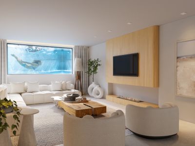 Modern living room featuring a large sectional sofa, a unique underwater window revealing a swimming pool, and a wooden panel with integrated TV and linear fireplace.