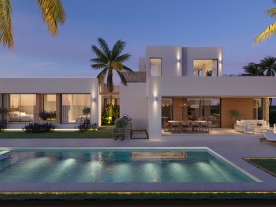 Modern villa exterior at dusk with an illuminated private pool, manicured lawn, and inviting outdoor dining and lounge areas under architectural lighting.