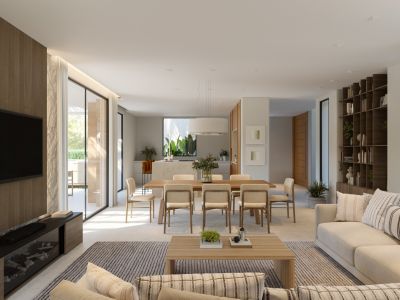 Open-plan living, dining, and kitchen area with a wood-paneled TV wall, light sofas, and a wooden dining table. Built-in shelving and large glass doors enhance the modern design.