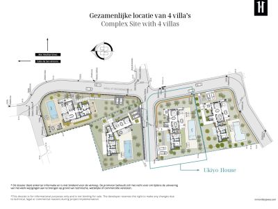 Site plan of a complex of four luxury villas, each featuring a private pool and garden, strategically located near the Mediterranean Sea in Jávea. Details the layout of Ukiyo House.