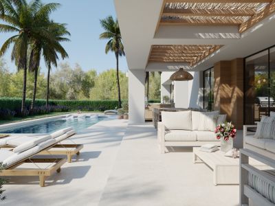Spacious outdoor terrace features a private pool with sun loungers, an elegant seating area under a slatted pergola, and lush palm trees.