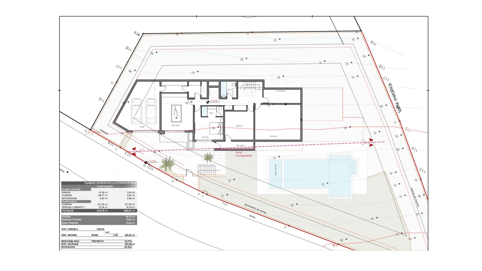 Architectural plan of villa with pool, showing interior layout, garage, and garden on a 1300 m² plot.