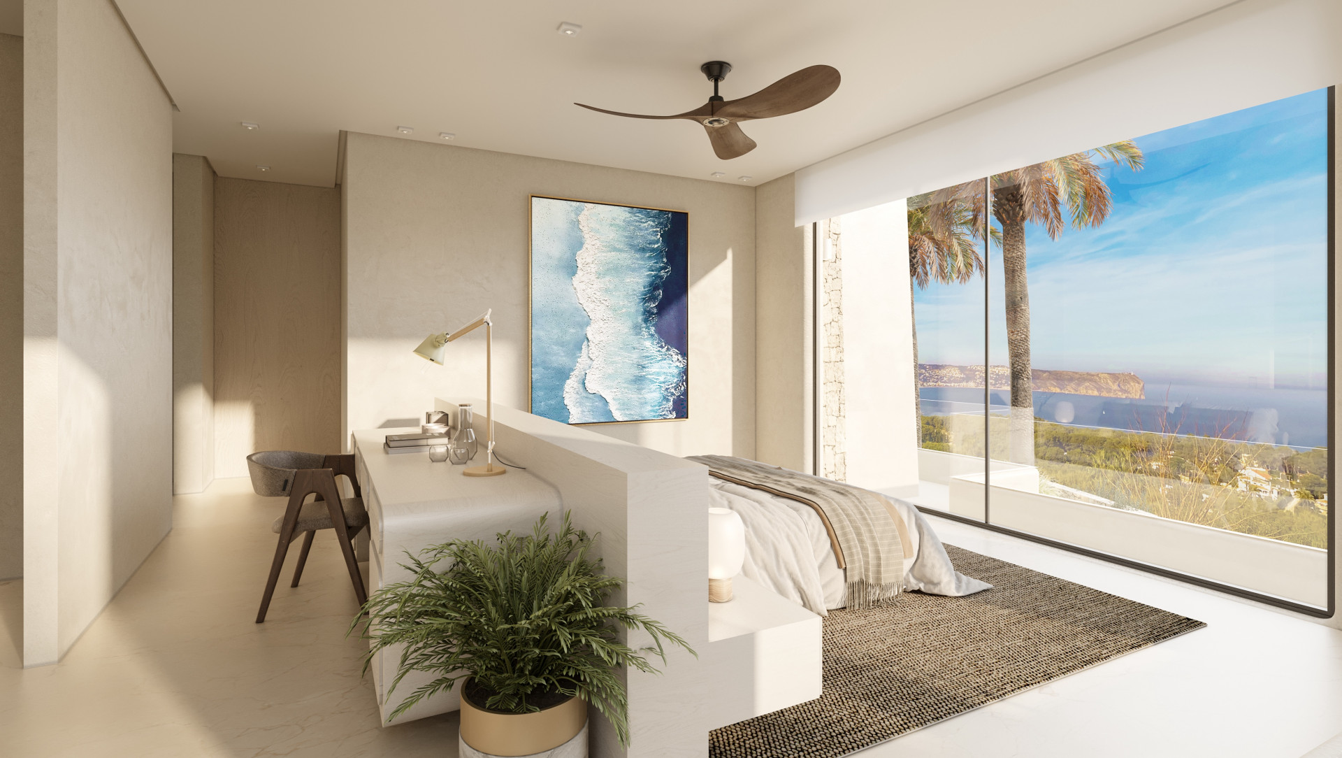 Bright bedroom with built-in desk and sea views through expansive windows.