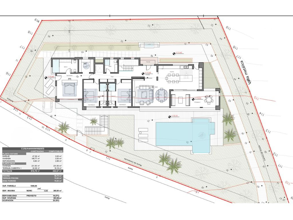 Detailed architectural plan of the villa, showing internal and external layout, including pool and garden.