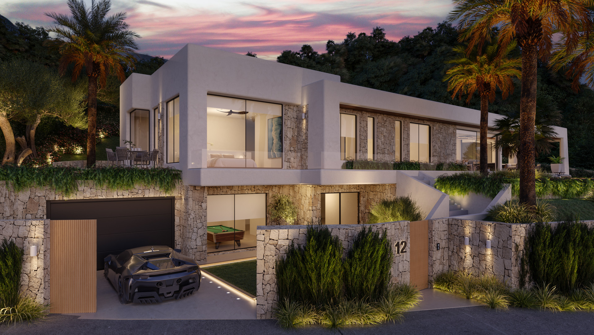 Modern villa facade with garage, pool, and sea views at sunset.