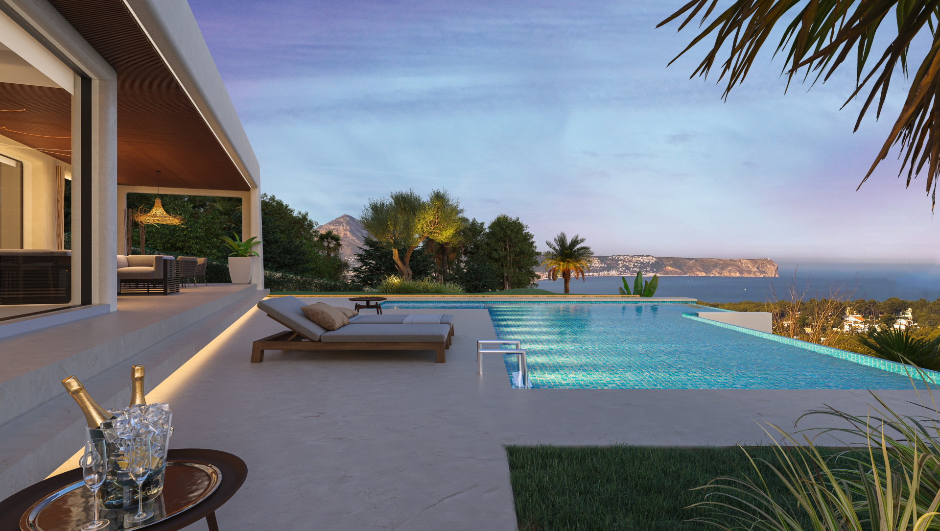 Terrace with infinity pool and panoramic sea views in Jávea. Solarium with sun loungers and covered seating area.