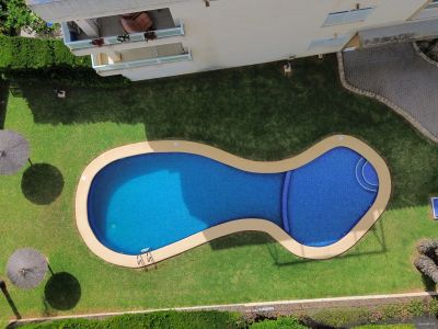 Aerial view of the organically shaped pool with manicured lawn, straw umbrellas, and lush greenery.