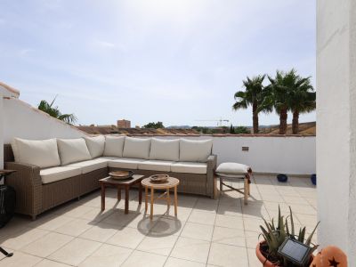 Sun-drenched tiled terrace featuring a wicker sectional sofa and palm tree views.