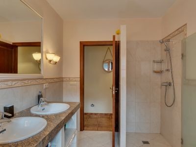 Main bathroom featuring a double vanity with granite countertop, a large framed mirror, and a walk-in shower with glass partition, complemented by warm-toned tiling.