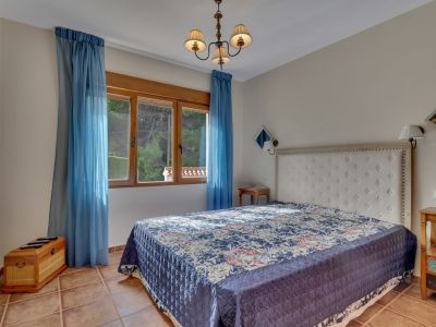 This bedroom features a large bed with a white tufted headboard, a blue patterned bedspread, and terracotta-tiled floors. A wooden-framed window with sheer blue curtains provides natural light and views of lush greenery.