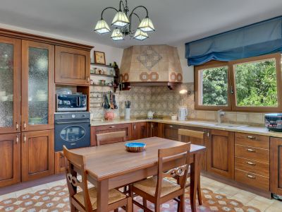 Traditional kitchen featuring dark wood cabinetry, a tiled backsplash with intricate patterns, and a central dining table. Natural light streams from the window overlooking lush greenery.