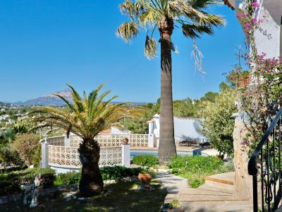 Garden view with pool and palm trees, highlighting the Mediterranean vegetation and mountain landscape in the background.
