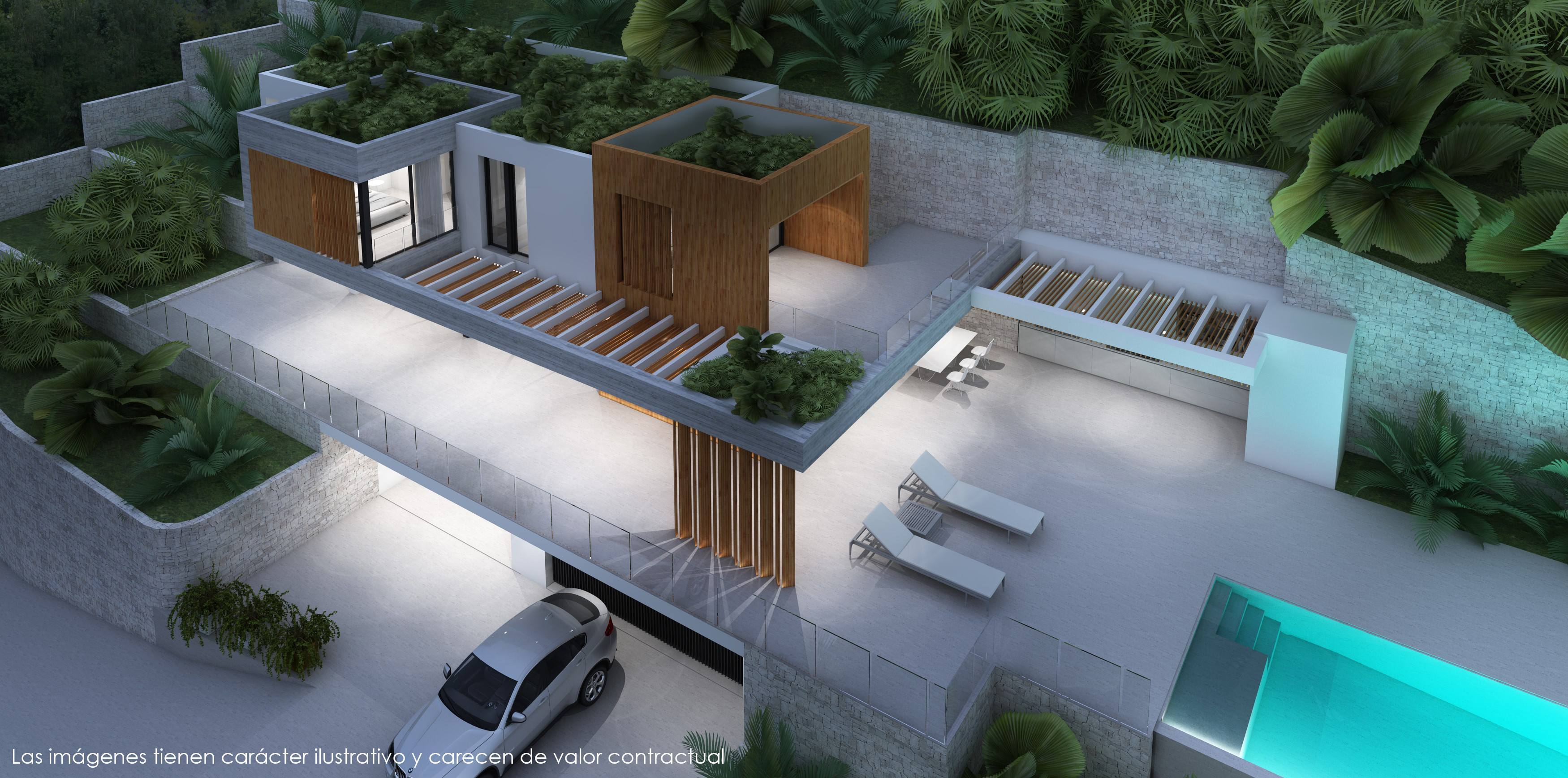 Aerial perspective of the multi-level villa featuring green roofs, wooden slats, illuminated terraces, and a lower-level garage access.