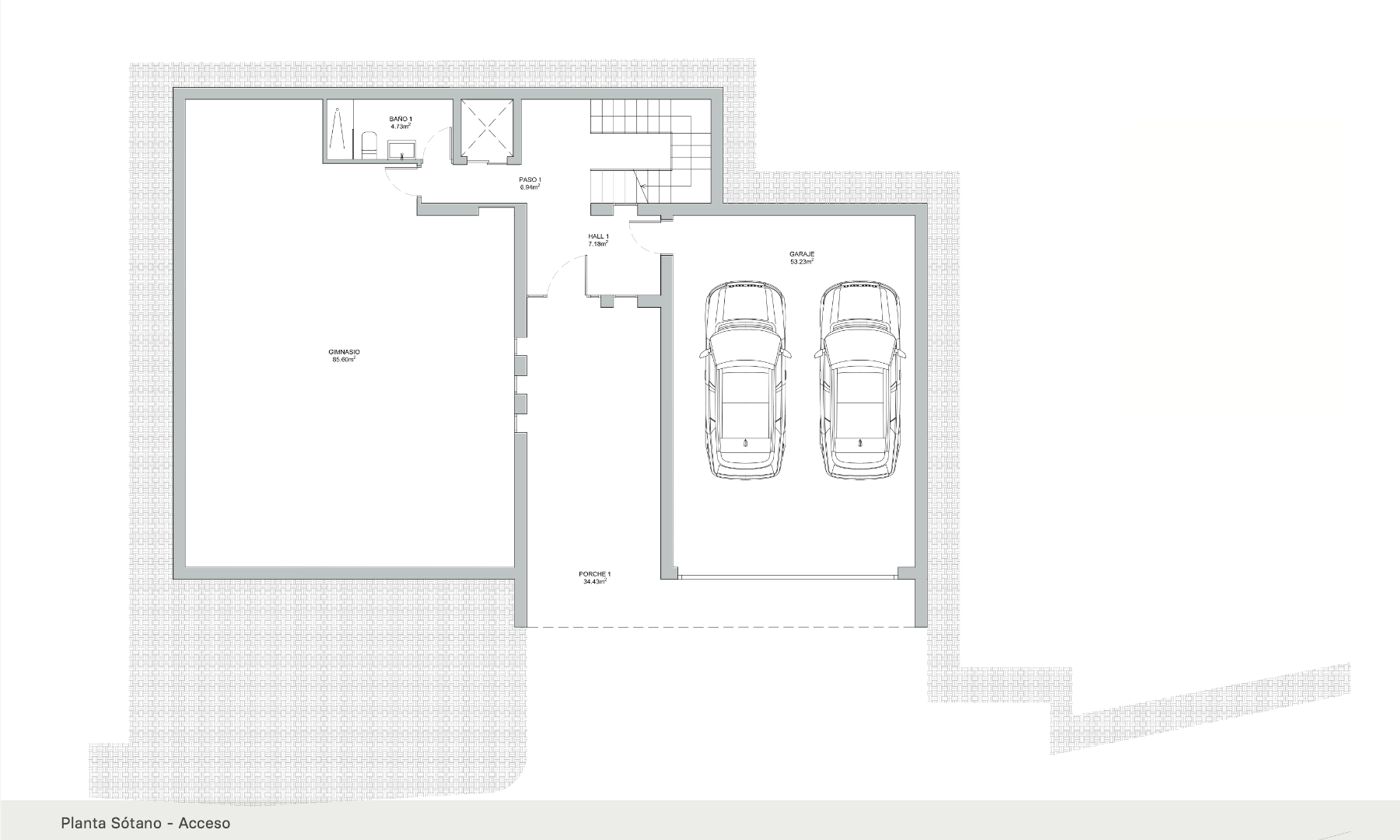 Basement floor plan featuring a double garage, a spacious 85 sqm gym area, a bathroom, and internal access via stairs and elevator.