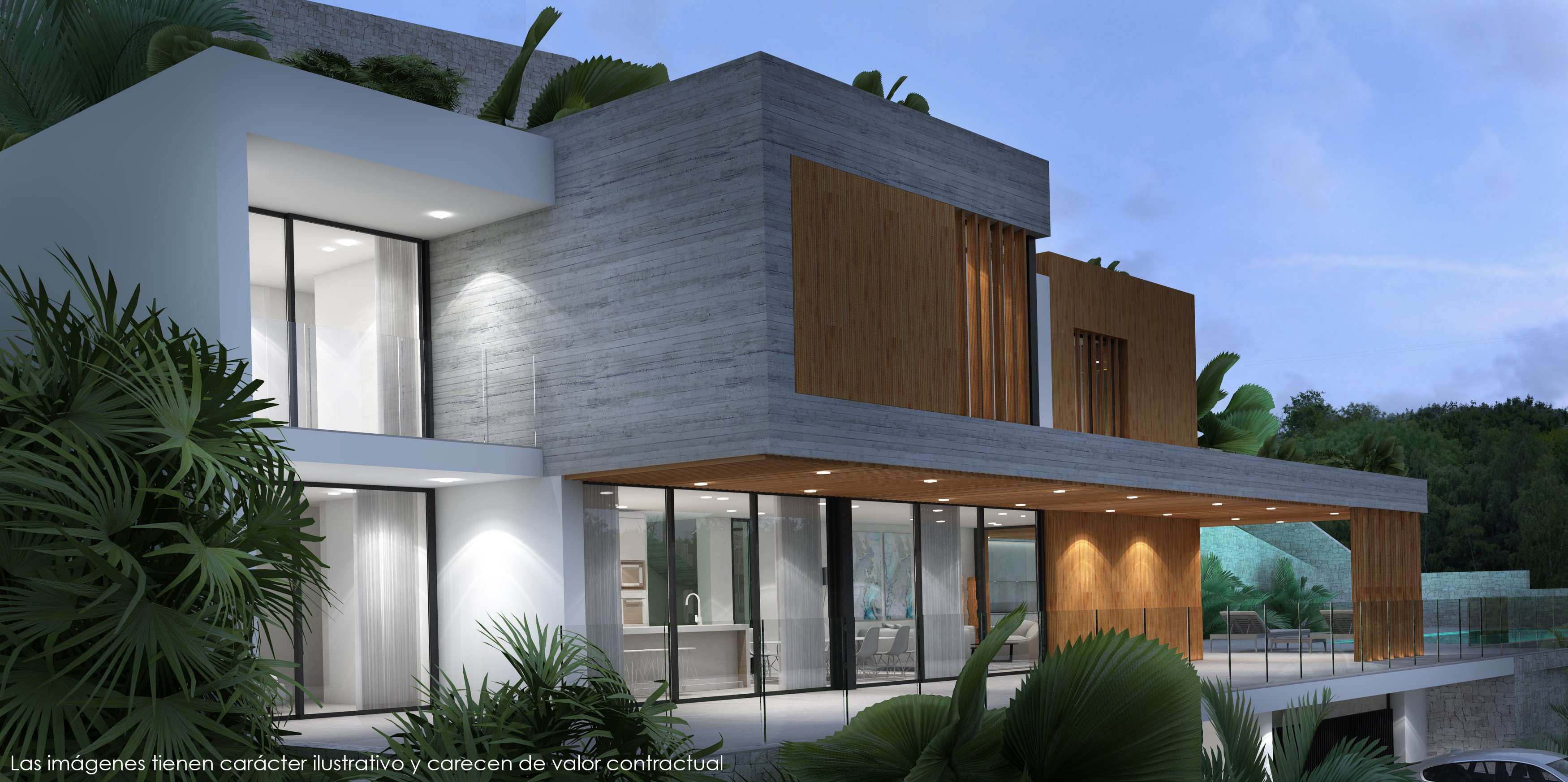 Contemporary facade combining exposed concrete, wood panels, and floor-to-ceiling windows, featuring recessed lighting and integrated Mediterranean greenery.