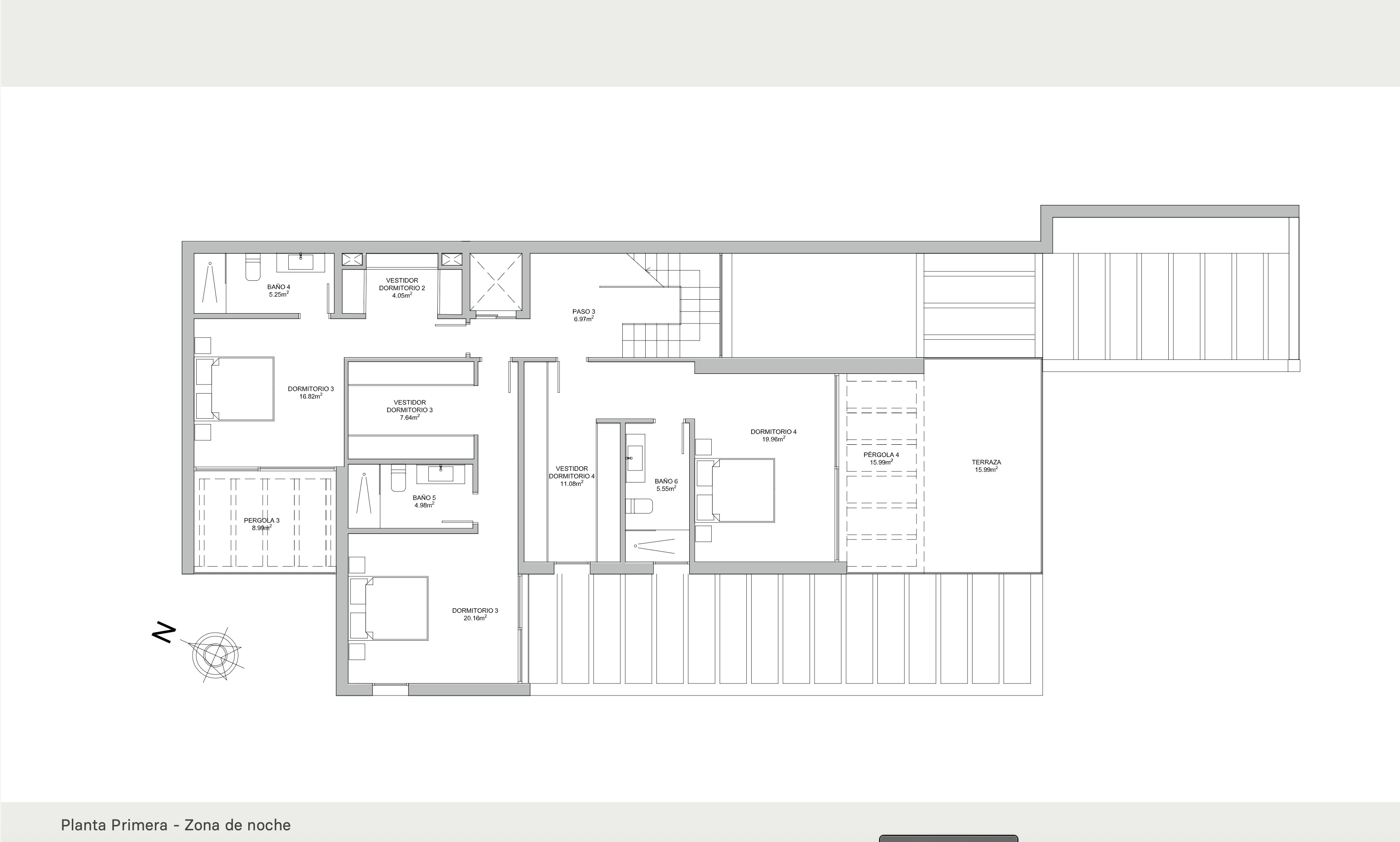 Detailed architectural floor plan of the first floor featuring three en-suite bedrooms, each with a private walk-in closet and terrace access.