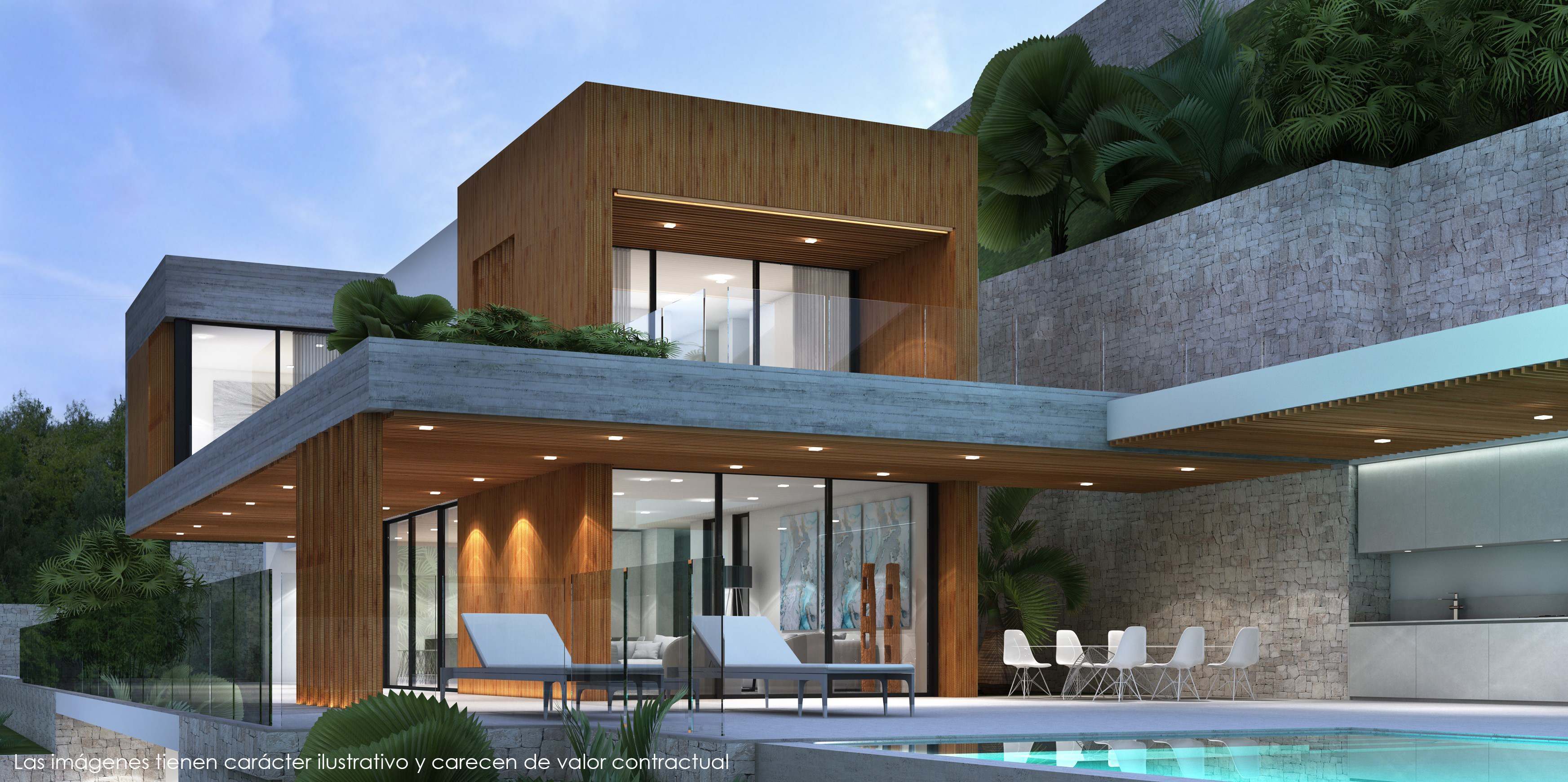 Exterior facade featuring wood cladding and exposed concrete, integrating a pool terrace, outdoor dining area, and limestone masonry walls.