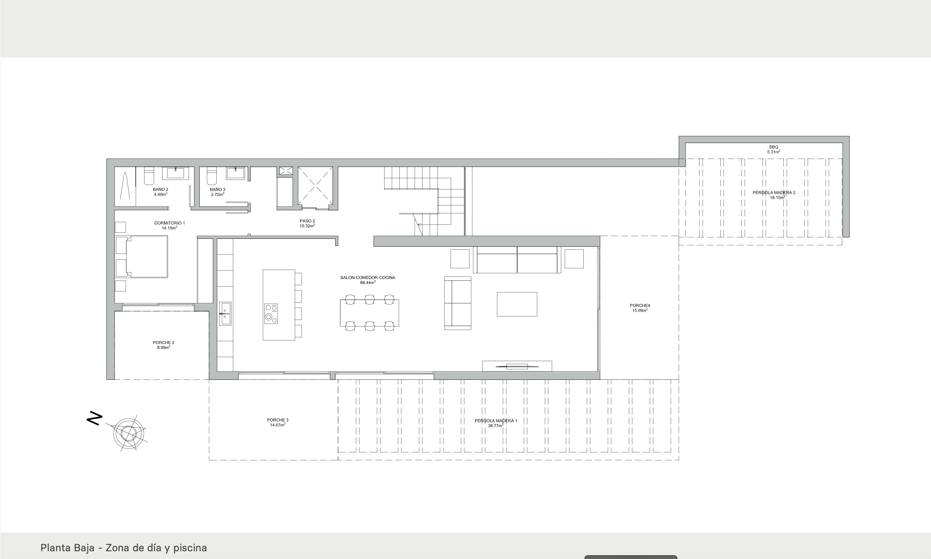 Technical floor plan of the ground floor featuring a 68sqm open-plan living area, an en-suite bedroom, multiple porches, and a dedicated outdoor BBQ zone.