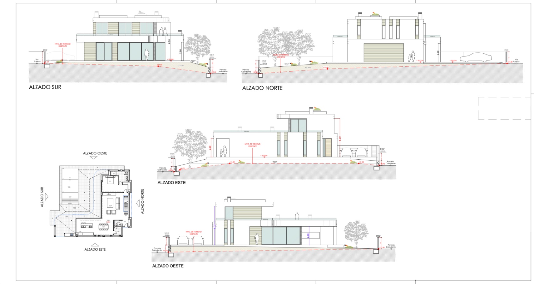Architectural elevation plans of a modern two-story villa featuring expansive windows and site layout.