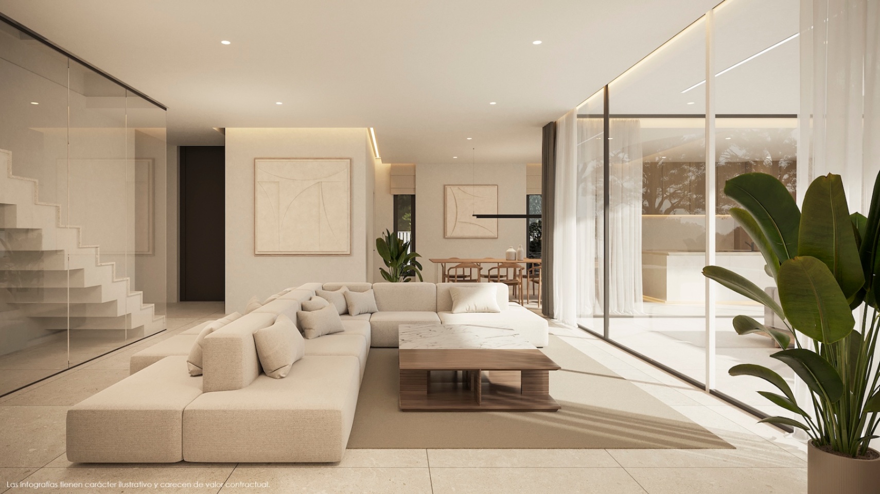 Bright living room with beige modular sofa, wood coffee table, and access to a glass-enclosed staircase.