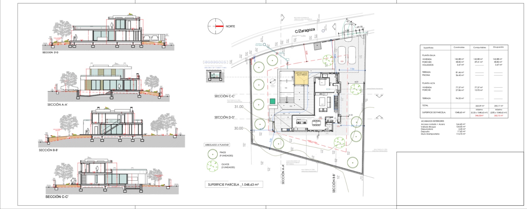Detailed architectural plan of a modern villa, showing the layout of spaces and gardens.
