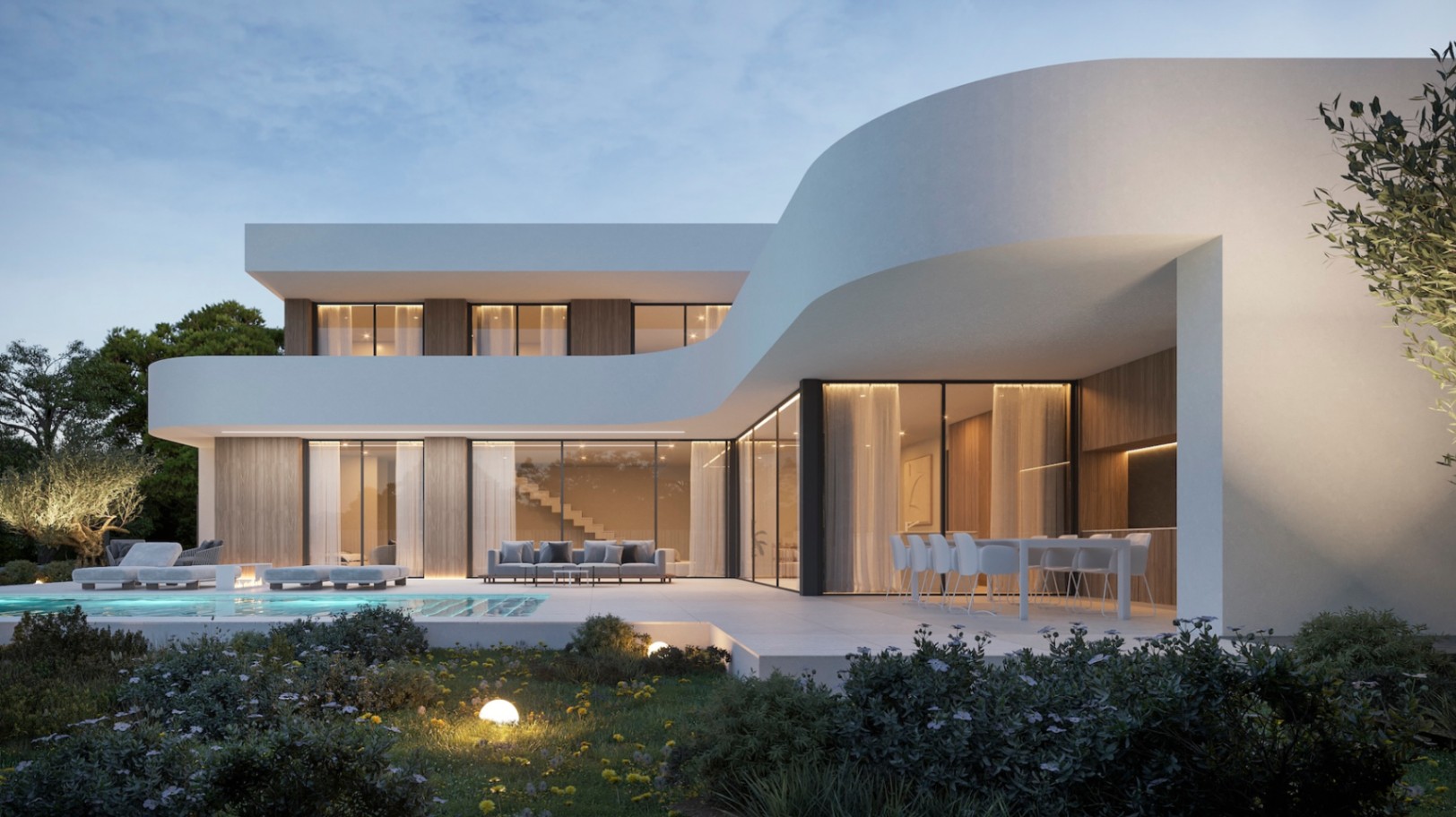 Exterior view of the modern villa featuring a pool, flower garden, and curved white facade.