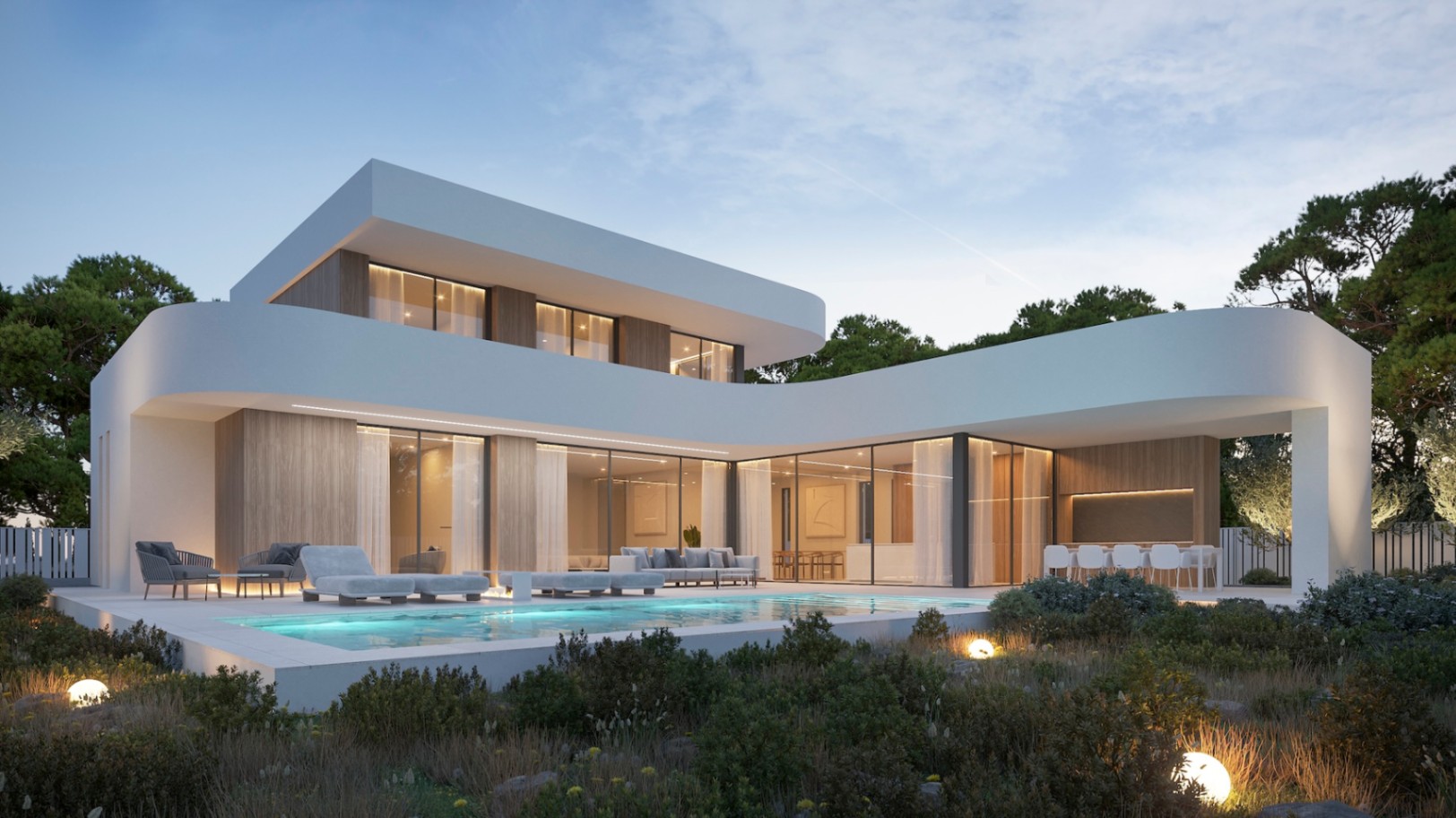 Exterior view of the modern villa featuring a pool, large windows, and light wood cladding.