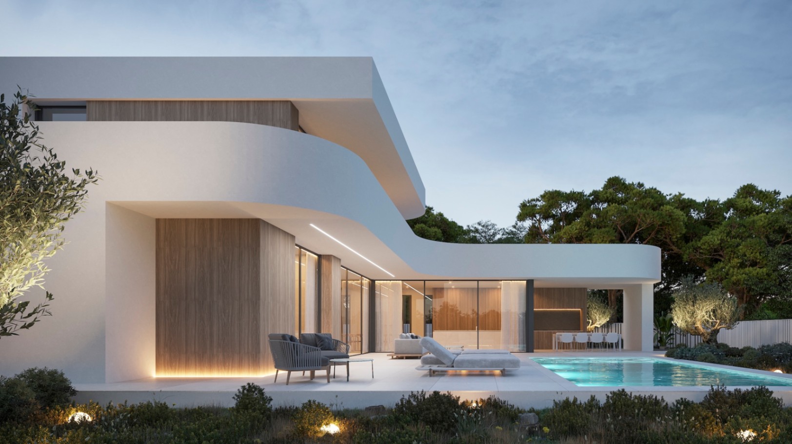 Exterior view of the modern villa featuring an illuminated pool, furnished terrace, and light wood accents.
