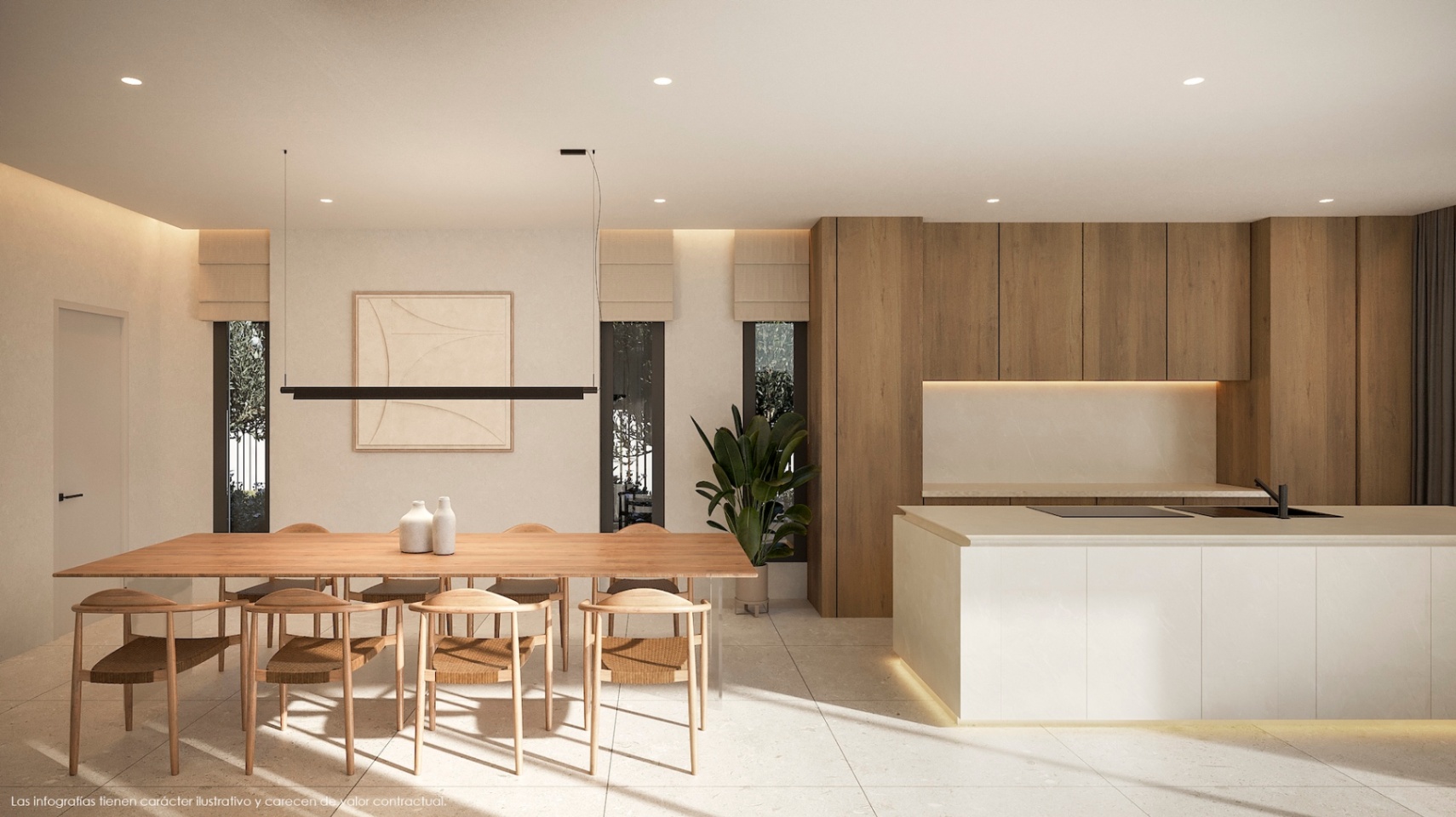 Modern dining area featuring a light wood table and designer chairs, adjacent to a kitchen with a white island and wood cabinets.