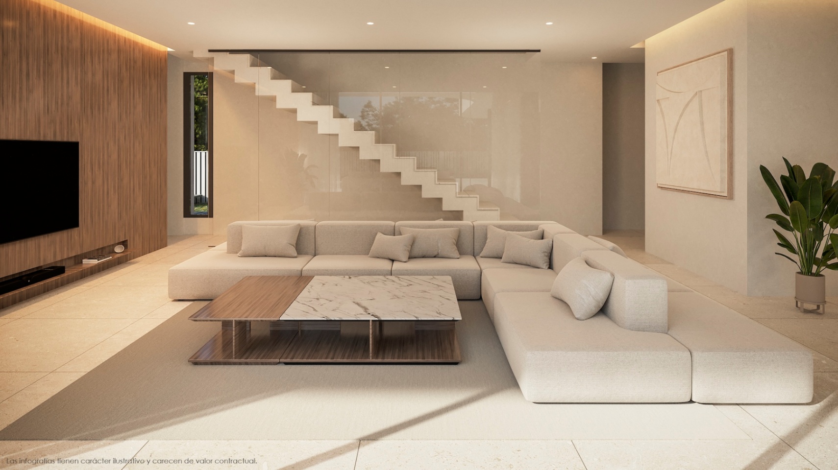 Modern living room featuring a beige sectional sofa, marble coffee table, and floating staircase.
