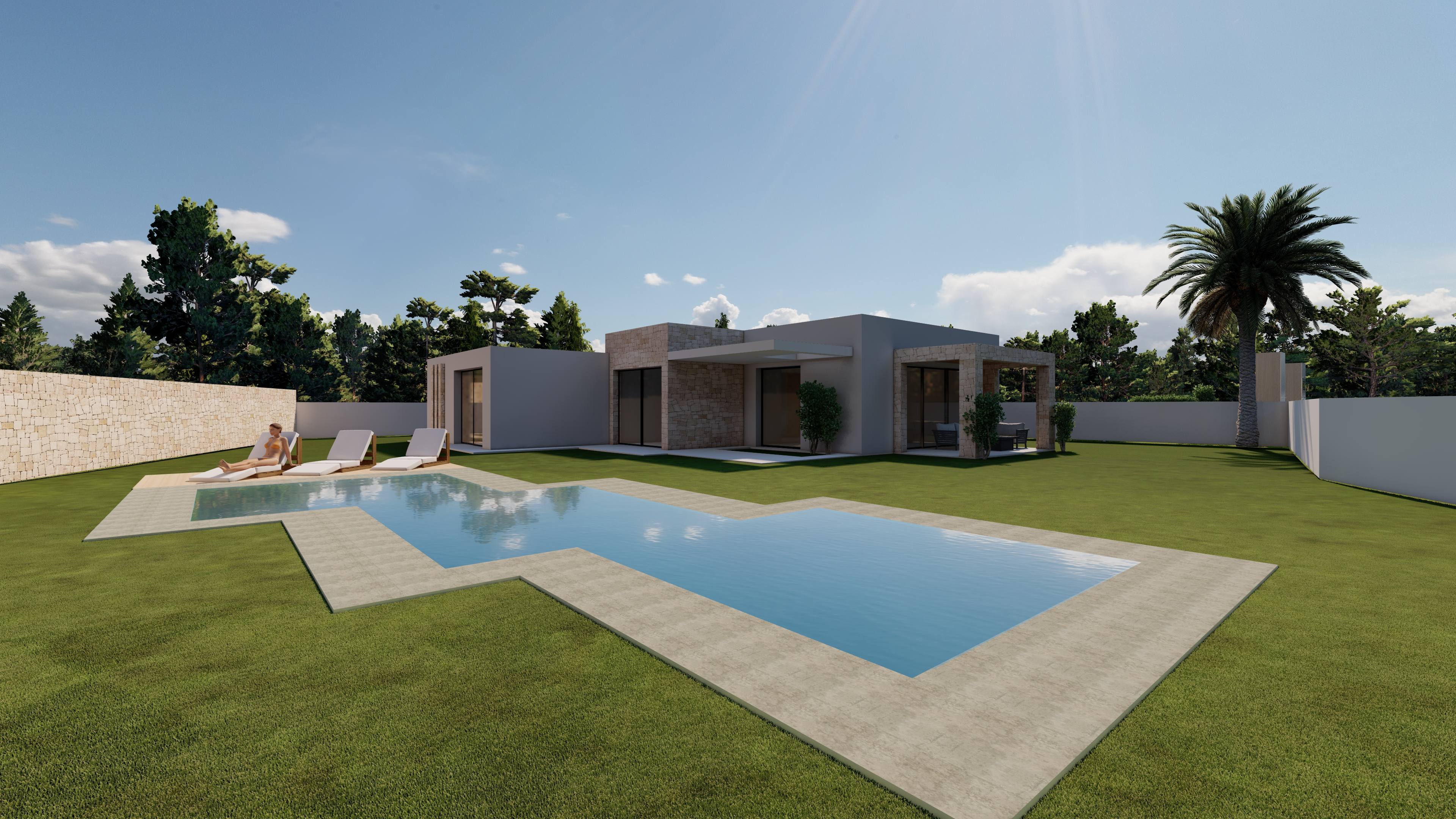Contemporary design villa with an angular swimming pool, extensive lawn garden, and a natural stone-clad porch adjacent to large glass doors.