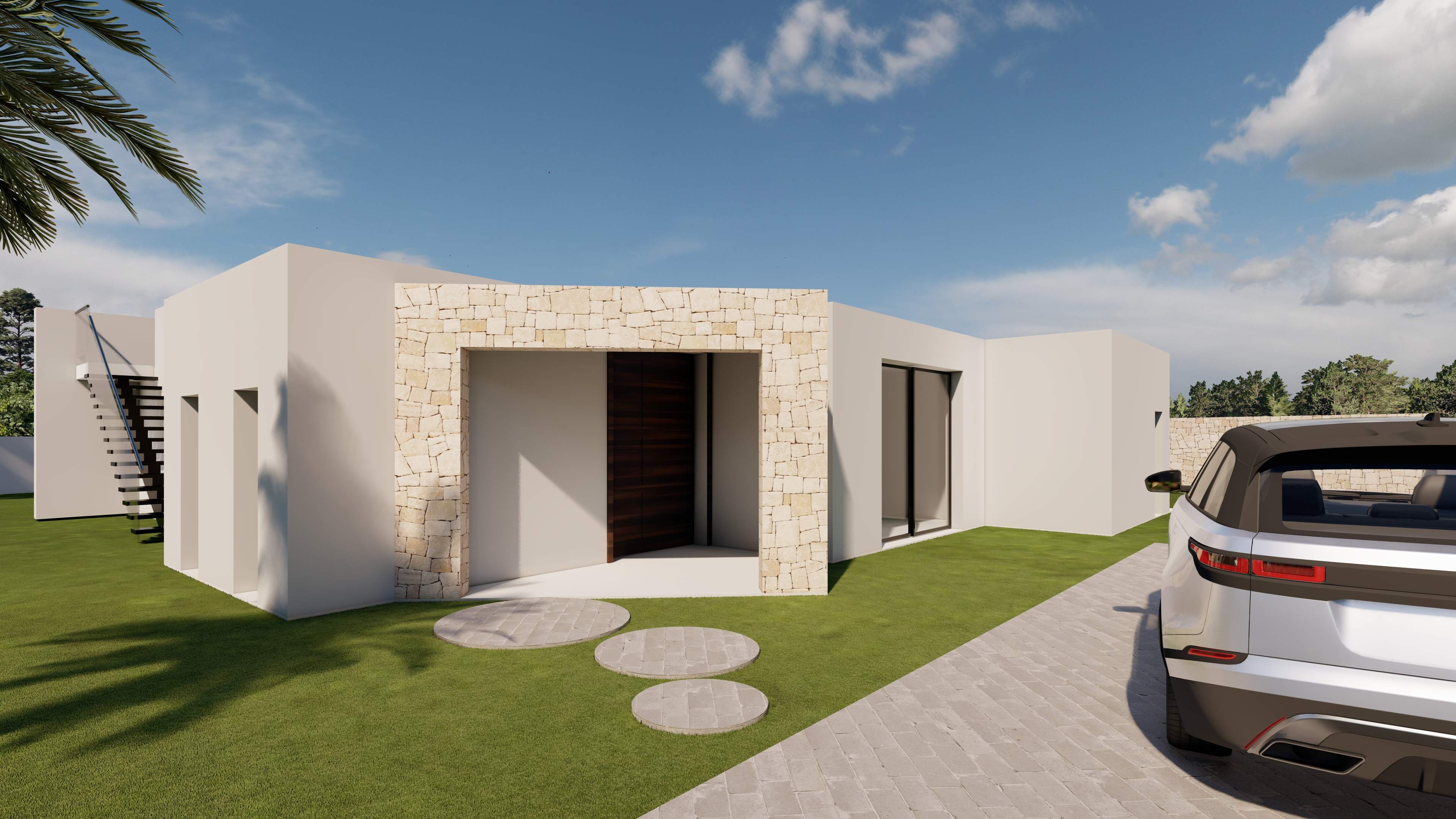 Minimalist main entrance featuring a dark wood door framed by natural stone, circular stone pavers, and a paved driveway leading to the villa.