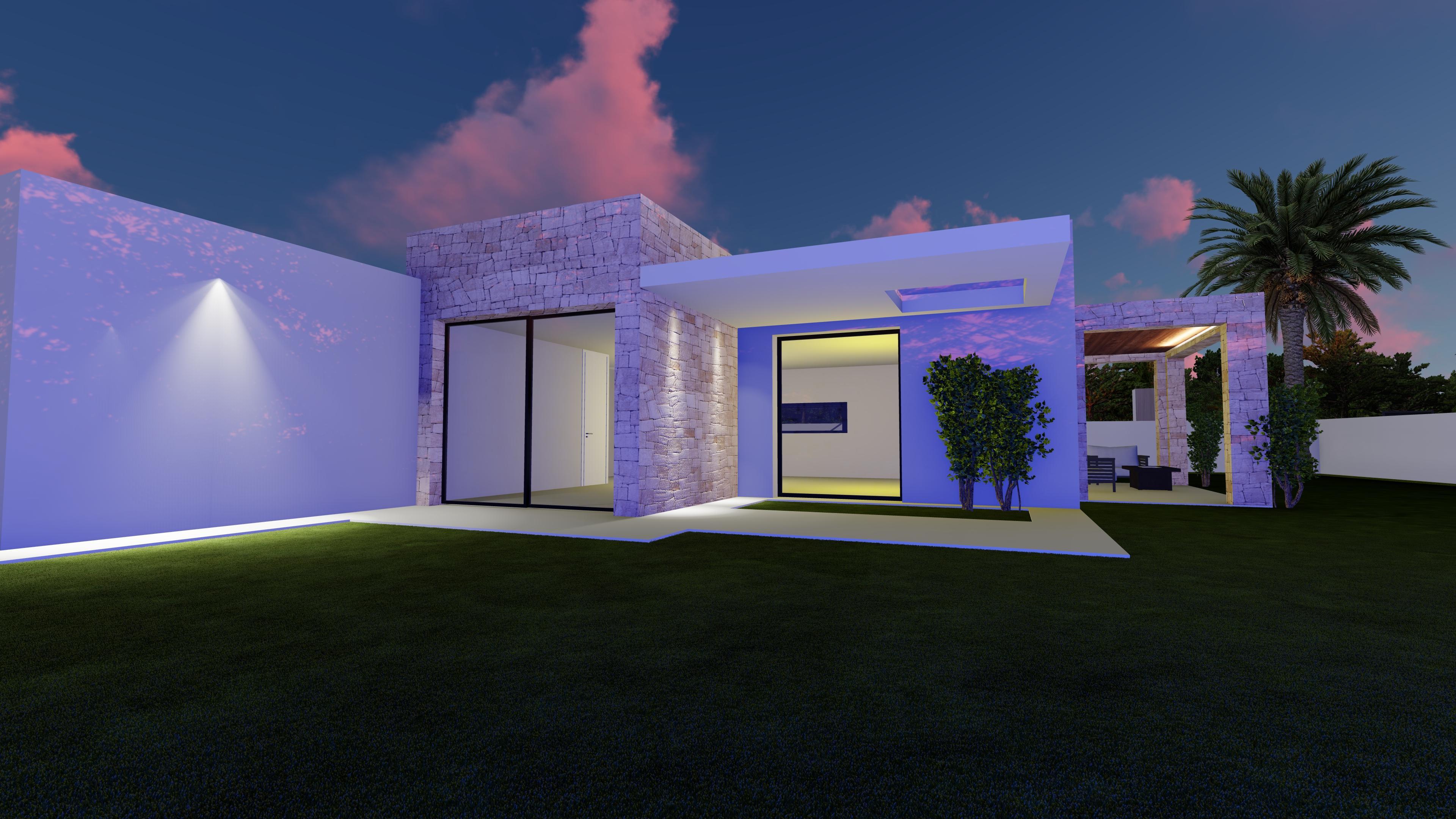 Modern exterior featuring natural stone walls, floor-to-ceiling glass doors, and integrated architectural lighting overlooking a manicured lawn at twilight.
