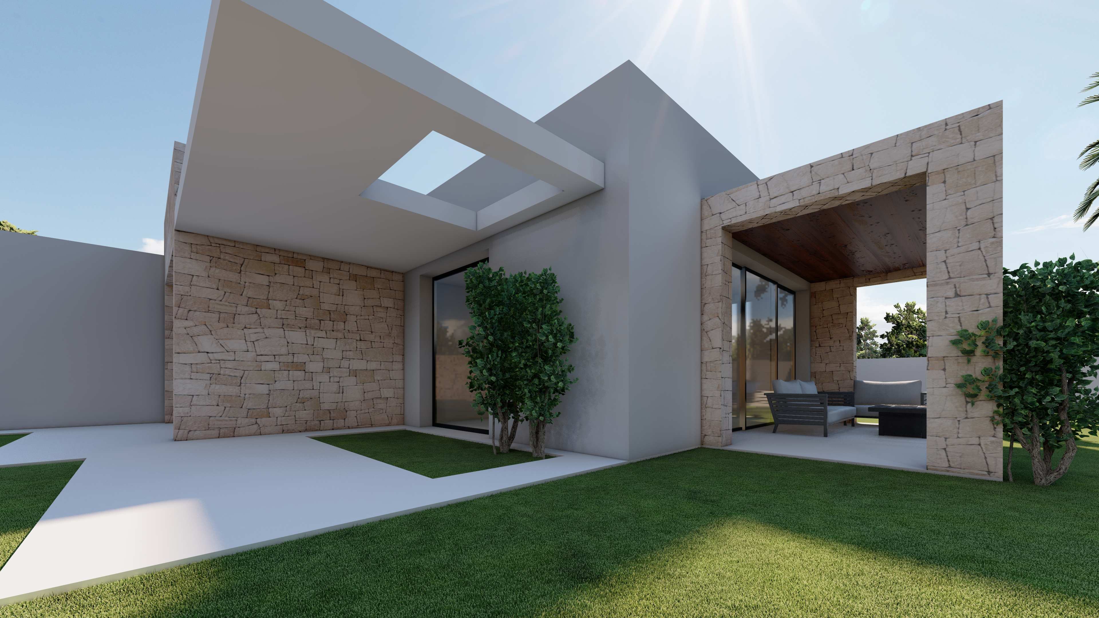Modern facade featuring natural stone walls, smooth finishes, and a covered porch with a wood-paneled ceiling and integrated outdoor lounge area.