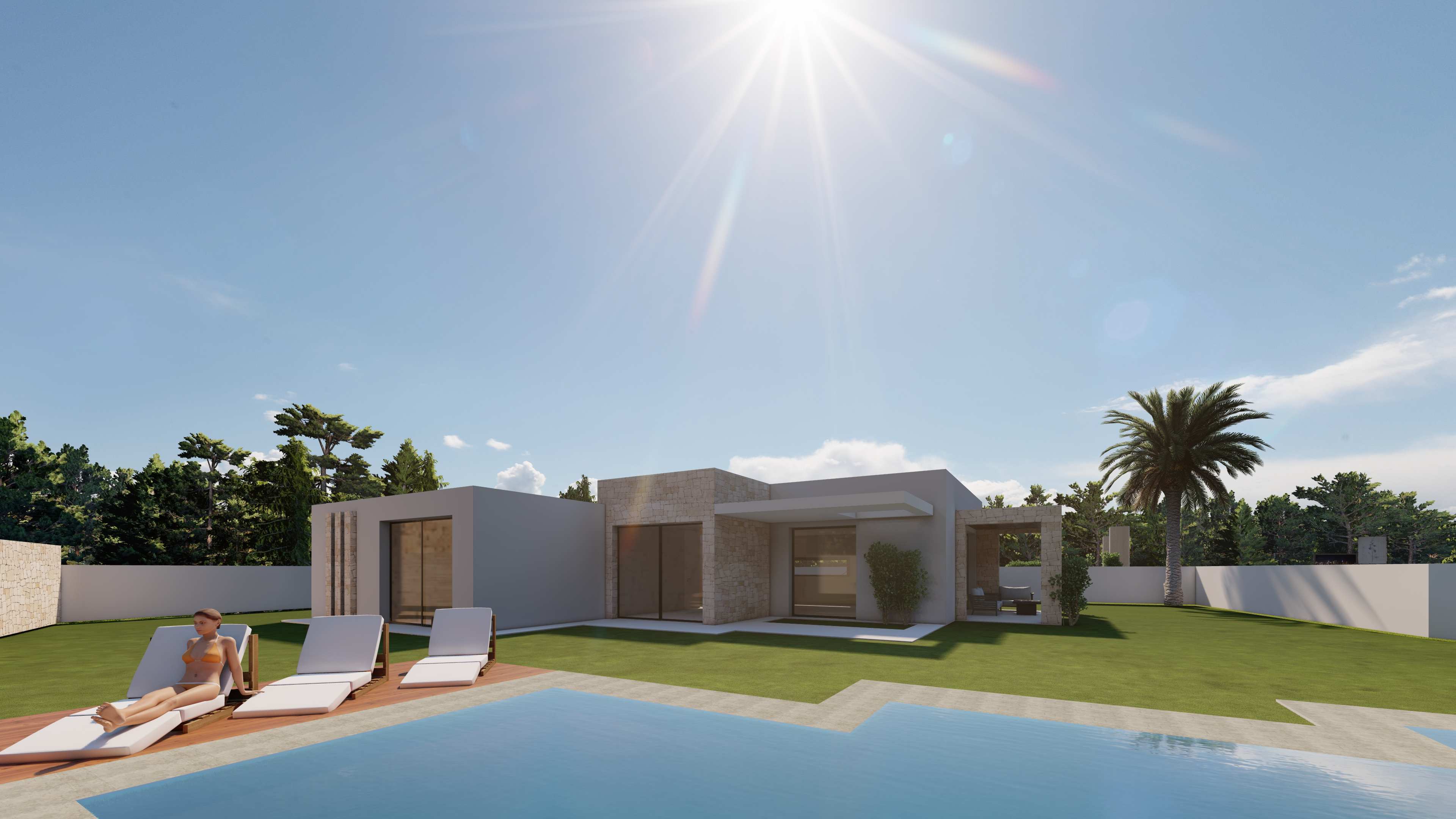 Modern single-story villa featuring a swimming pool with wooden decking, natural stone accents, and large glass sliders opening onto a manicured lawn.