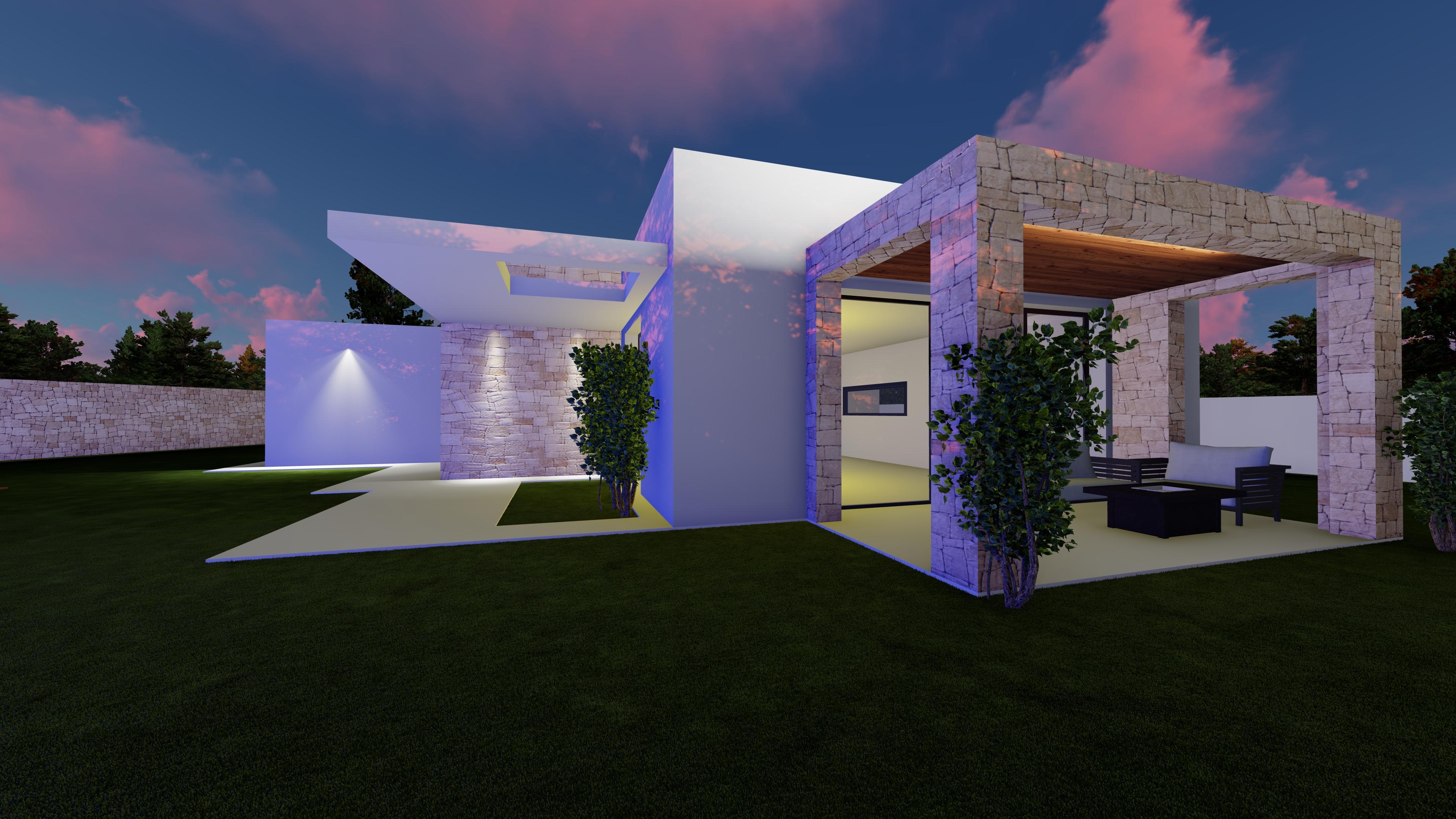 Modern villa exterior at dusk featuring natural stone walls, a cantilevered roof, and a covered terrace with wooden ceiling and outdoor lounge furniture.