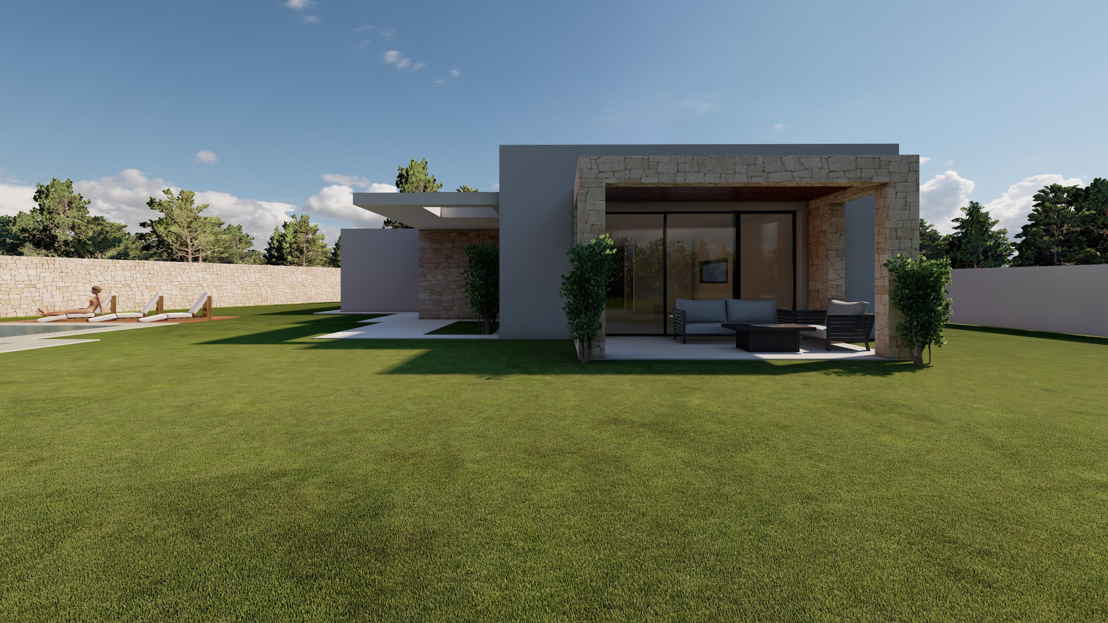 Modern villa exterior featuring a large lawn, a stone-clad porch with lounge seating, and a distant pool area with sun loungers under a clear sky.