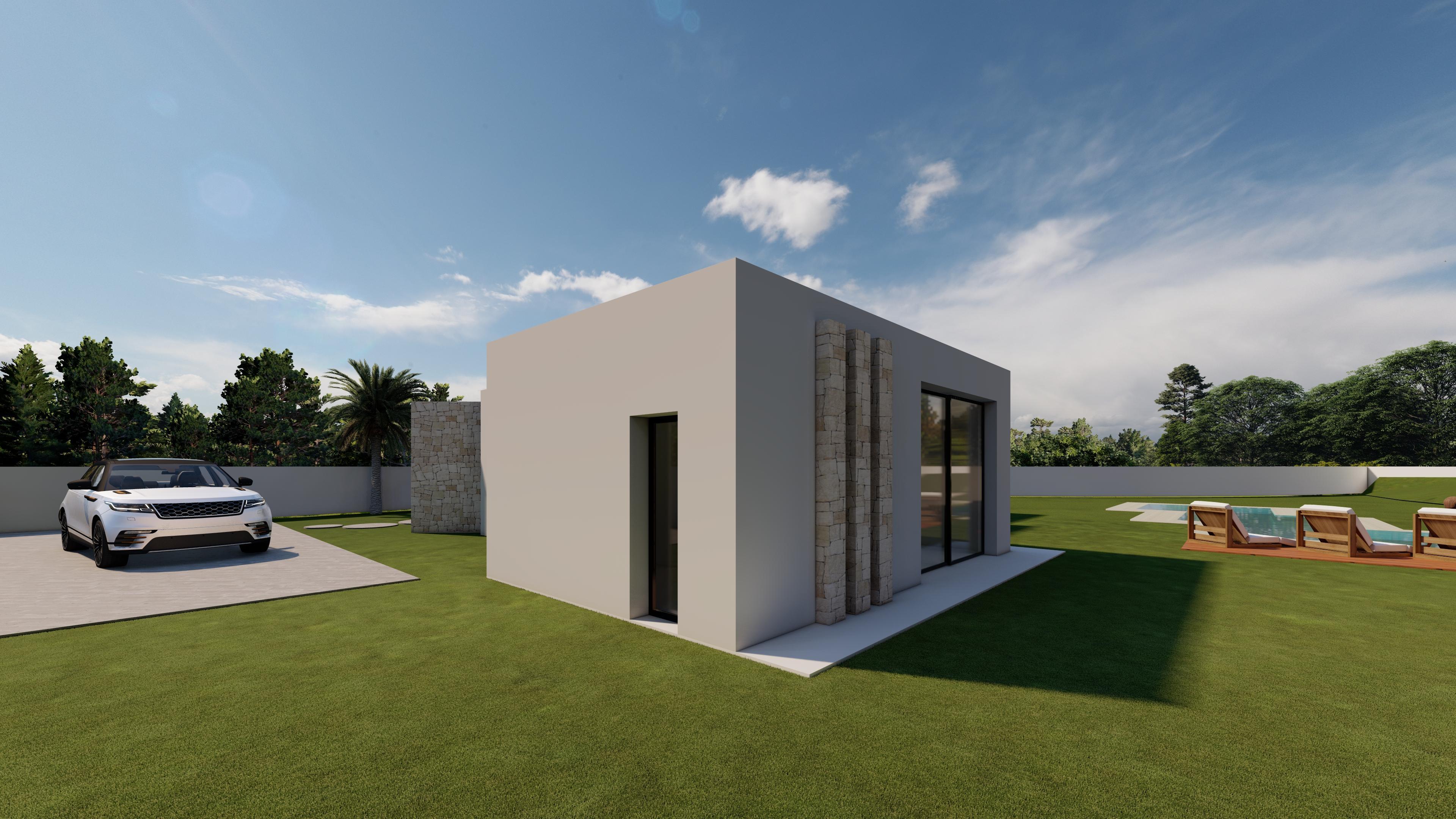 Modern villa exterior featuring white minimalist architecture, natural stone accents, a manicured lawn, and a private pool with a wooden sun deck.