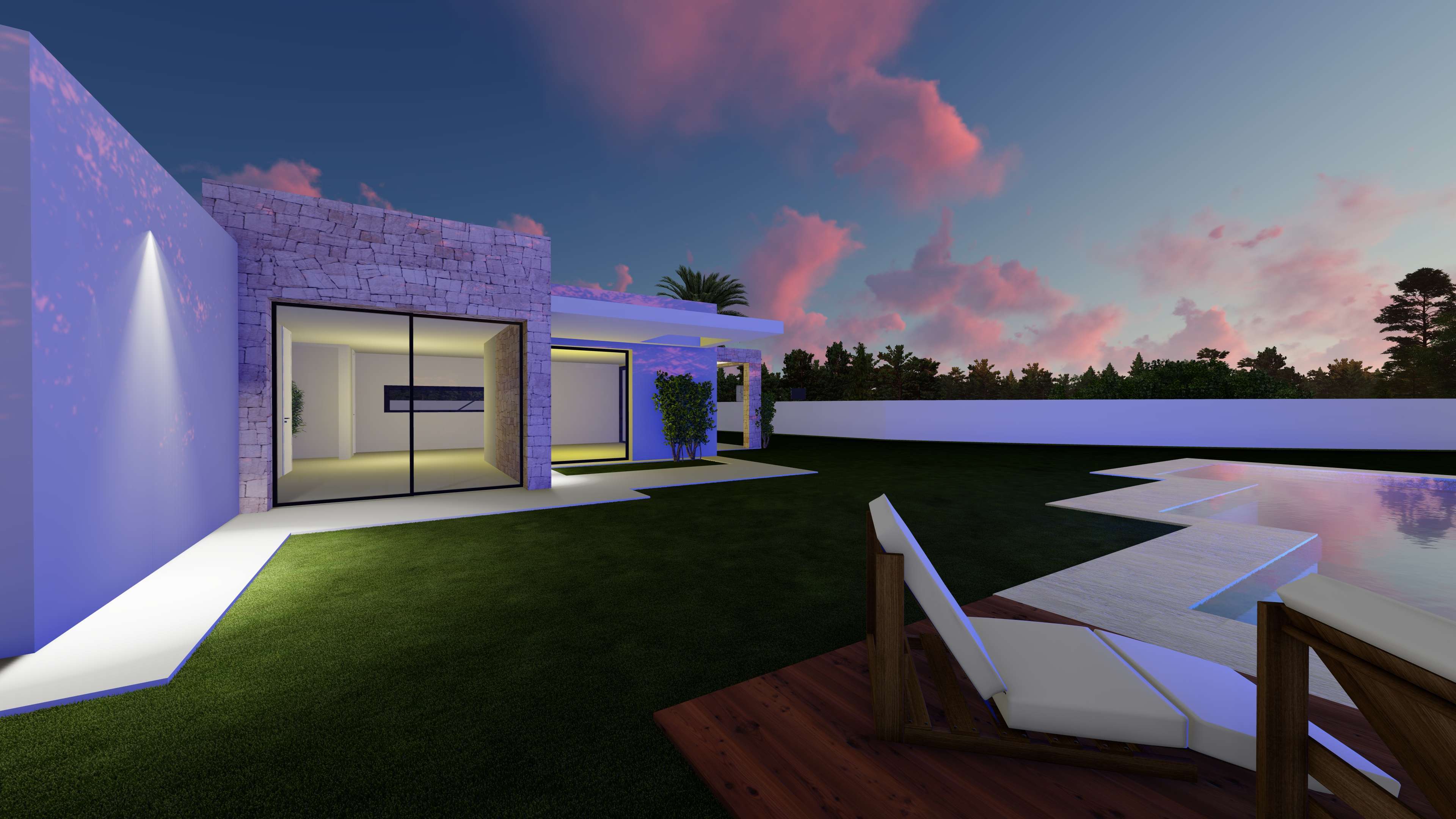 Sunset view of the villa featuring natural stone masonry, large glass sliders, a manicured lawn, and a geometric swimming pool with a wooden sun deck.