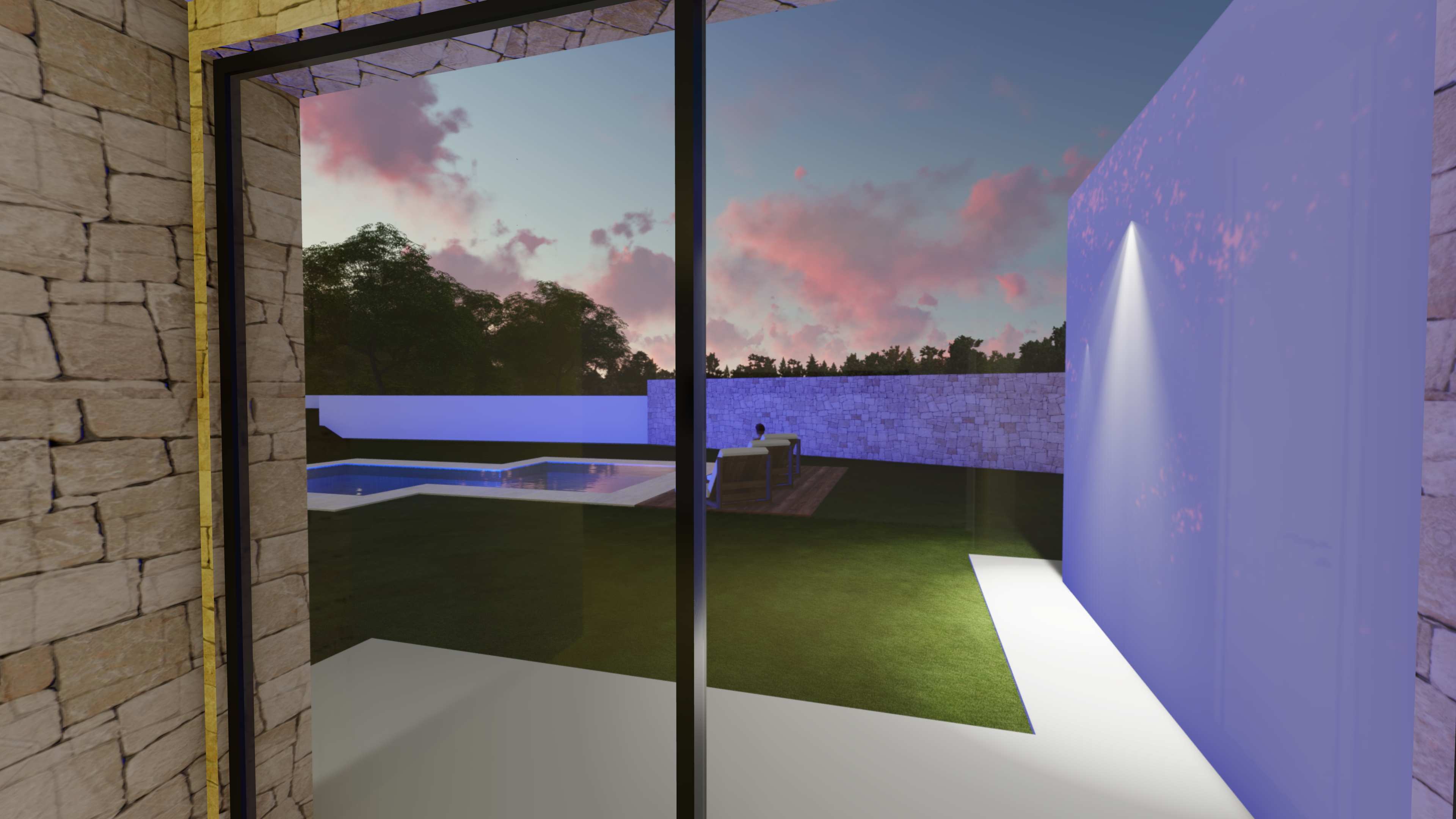 View through large glass doors showcasing the garden, swimming pool, and natural stone masonry under a vibrant sunset sky.