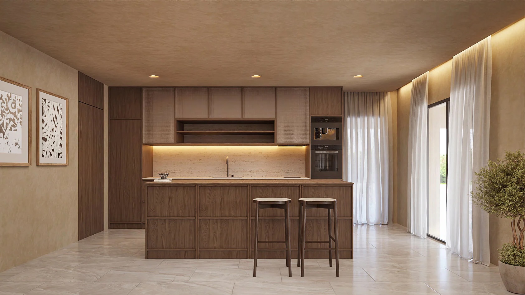 Designer kitchen featuring a dark wood island with seating, integrated appliances, and stone backsplash. Recessed lighting and textured walls complement the natural tones.