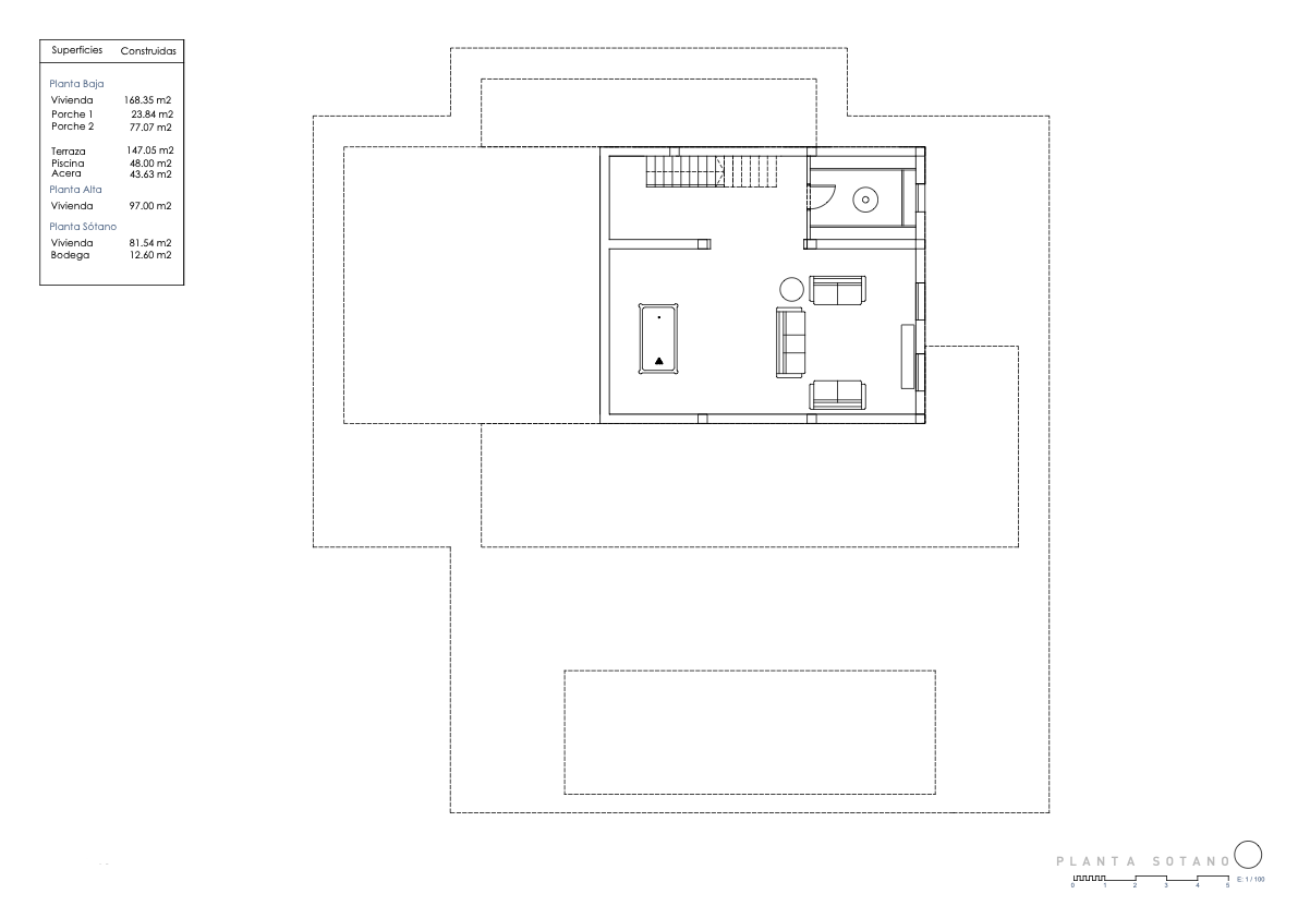 Detailed floor plan of the 81.54 m² basement level, featuring a spacious leisure area with a billiard table, lounge, and a 12.60 m² wine cellar.
