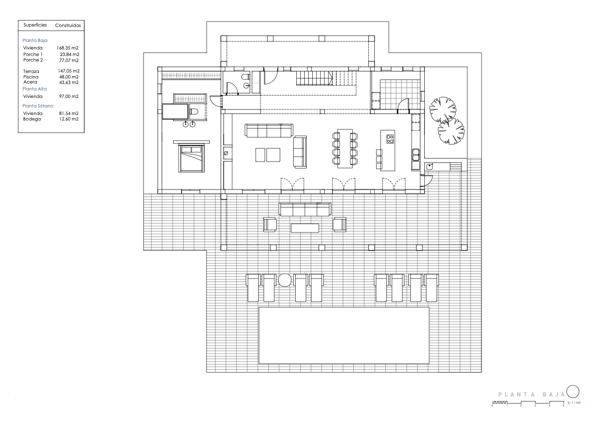 Detailed ground floor plan featuring an open-concept living area, kitchen with island, master suite, and an expansive terrace with a 48 sqm swimming pool.