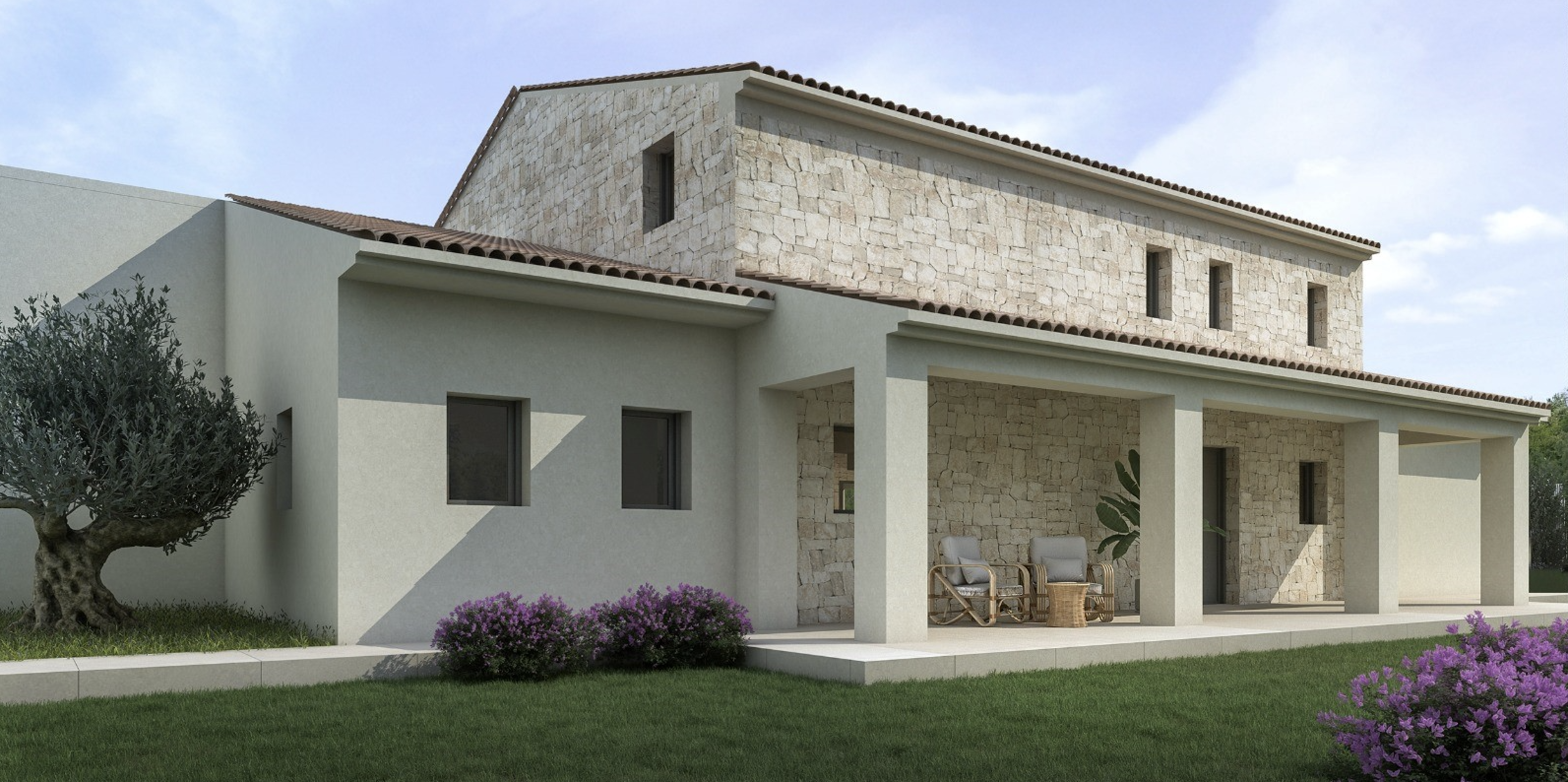 Mediterranean exterior featuring natural stone walls, a spacious covered porch with square pillars, and a manicured garden with an olive tree.